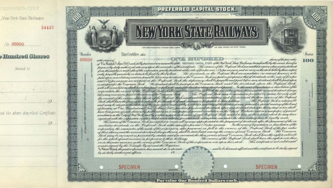 New York State Railways  - Specimen Stock Certificate