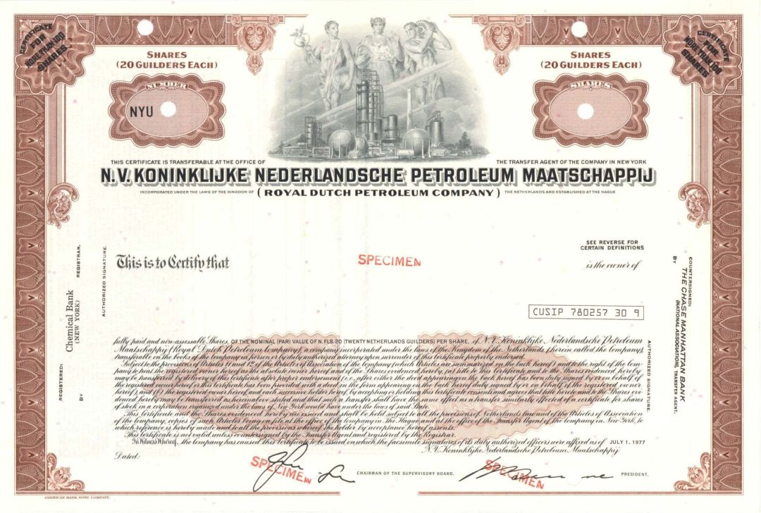 N.V. Koninklijke Nederlandsche Petroleum Maatschappij  - Specimen Stock Certificate