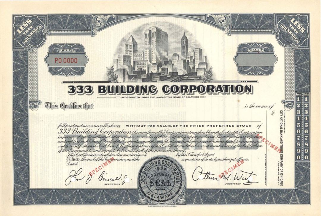 333 Building Corp.  - Specimen Stock Certificate