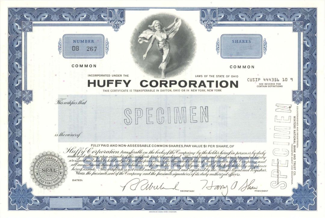 Huffy Corp.  - Specimen Stock Certificate