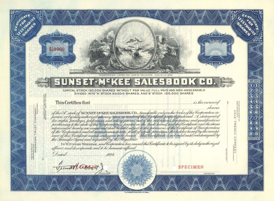 Sunset-McKee Salesbook Co.  - Specimen Stock Certificate