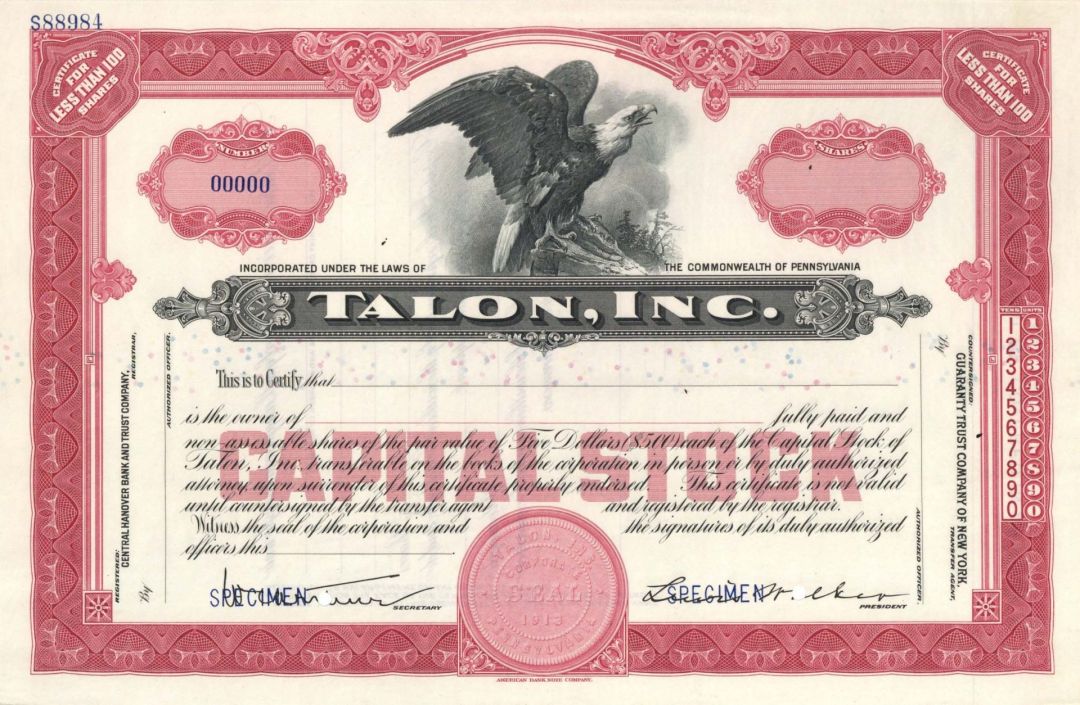 Talon Inc.  - Specimen Stock Certificate