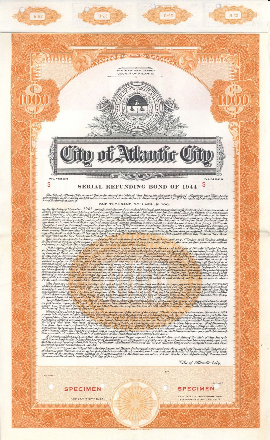 City of Atlantic City  - $1,000 Specimen Bond