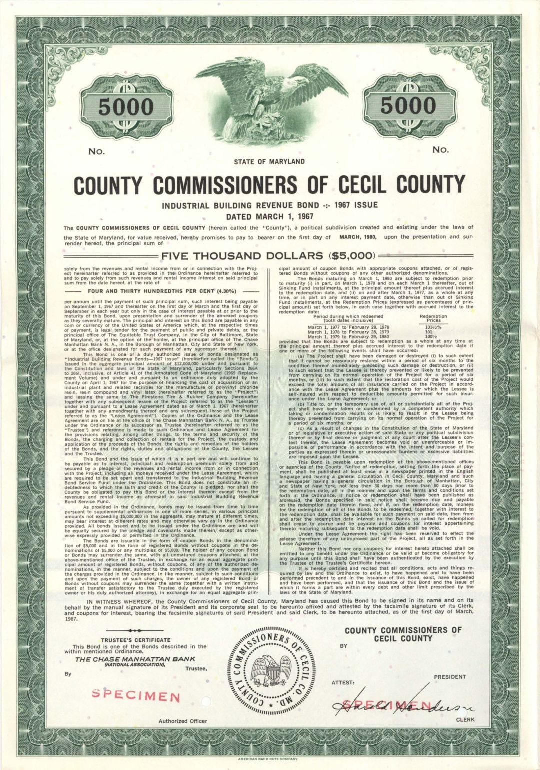 County Commissioners of Cecil County  - $5,000 Specimen Bond