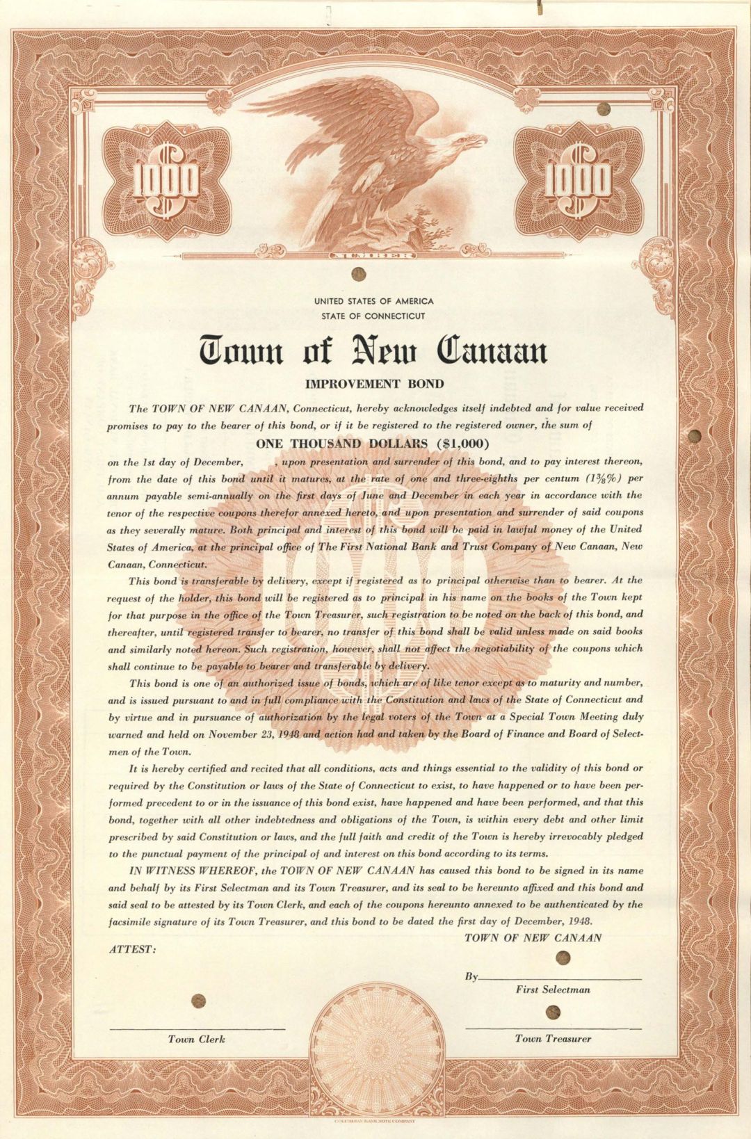 Town of New Canaan  - $1,000 Specimen Bond