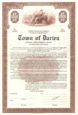 Town of Darien  - $1,000 Specimen Bond