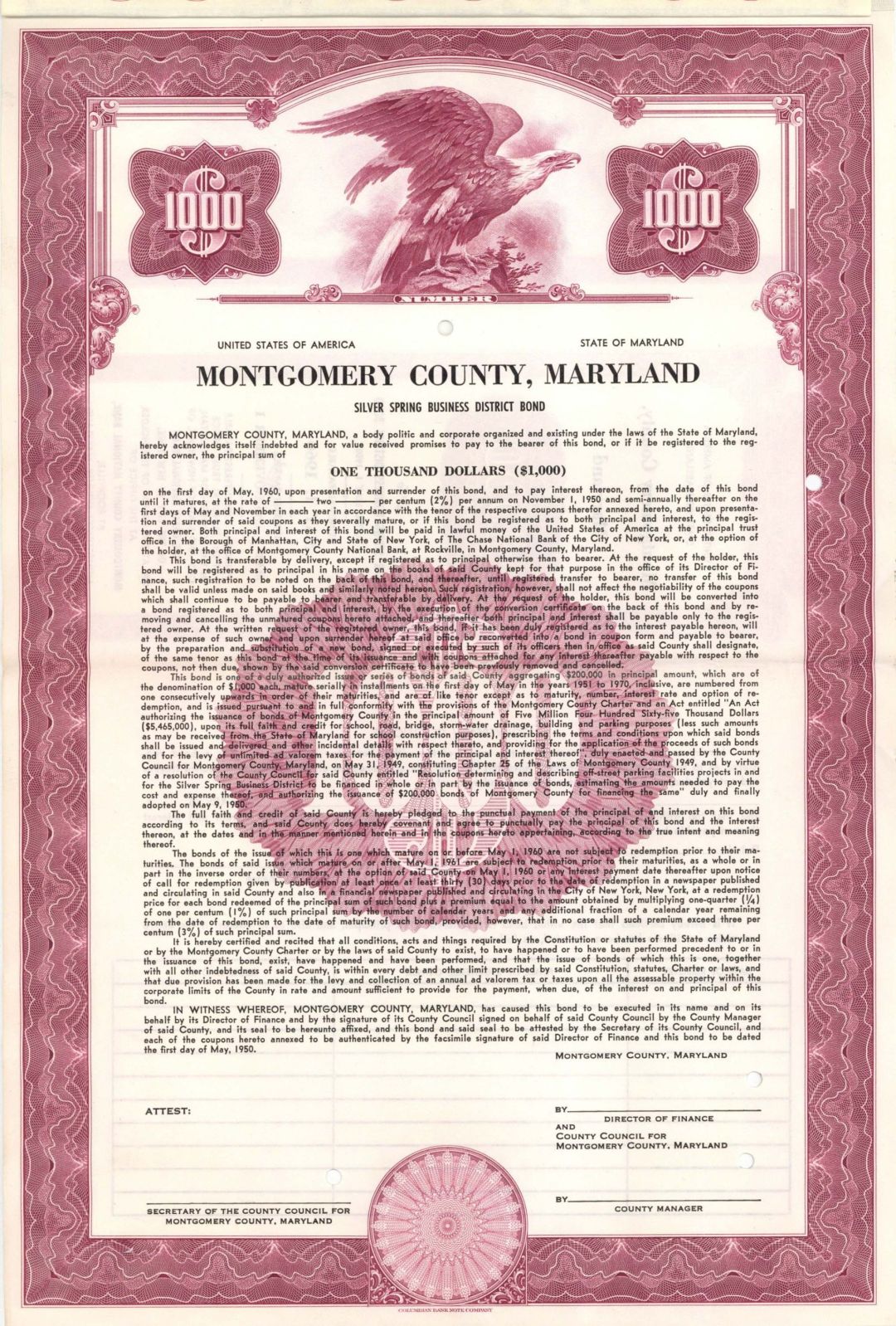 Montgomery County, Maryland  - $1,000 Specimen Bond