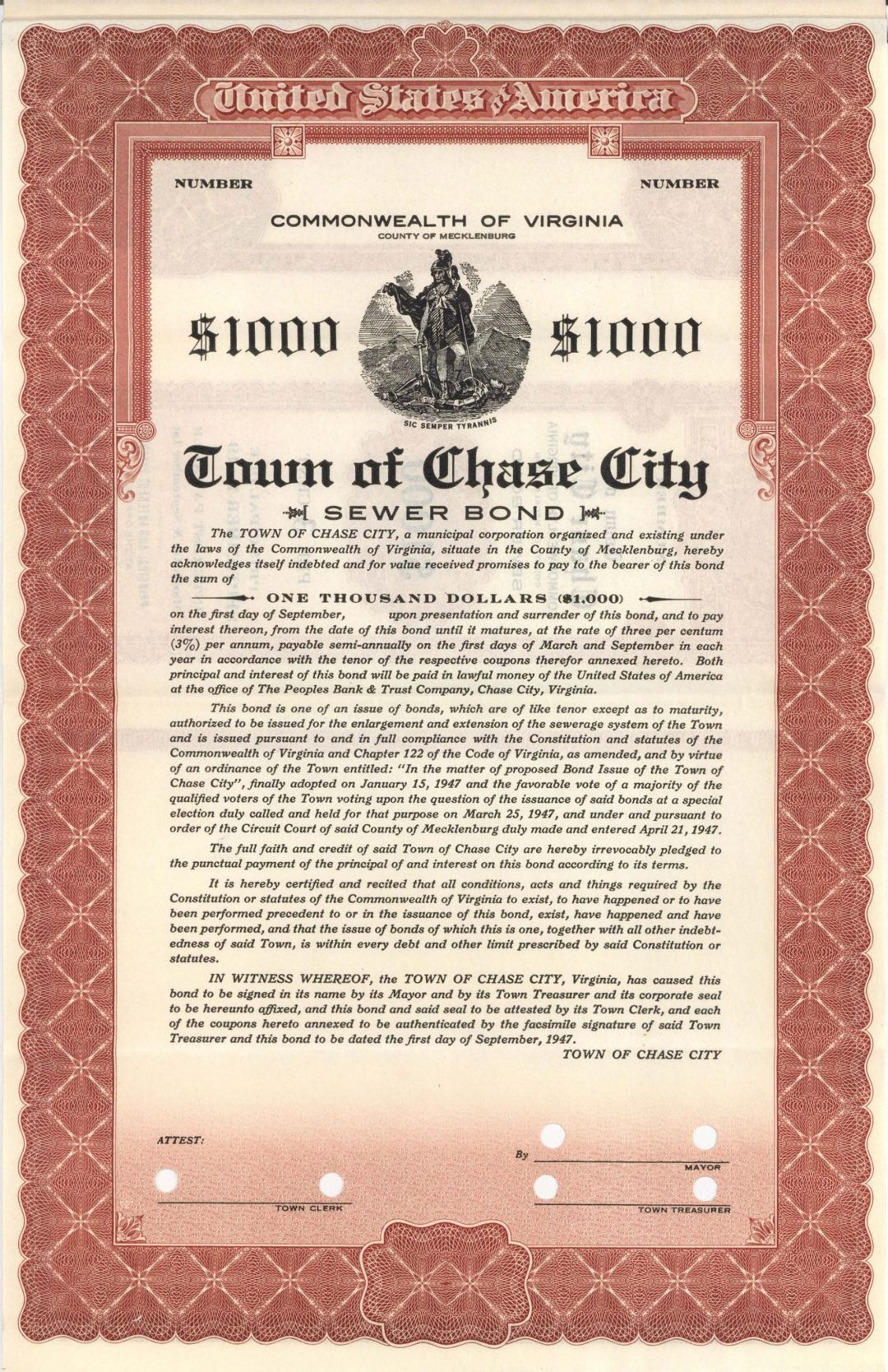 Town of Chase City  - $1,000 Specimen Bond