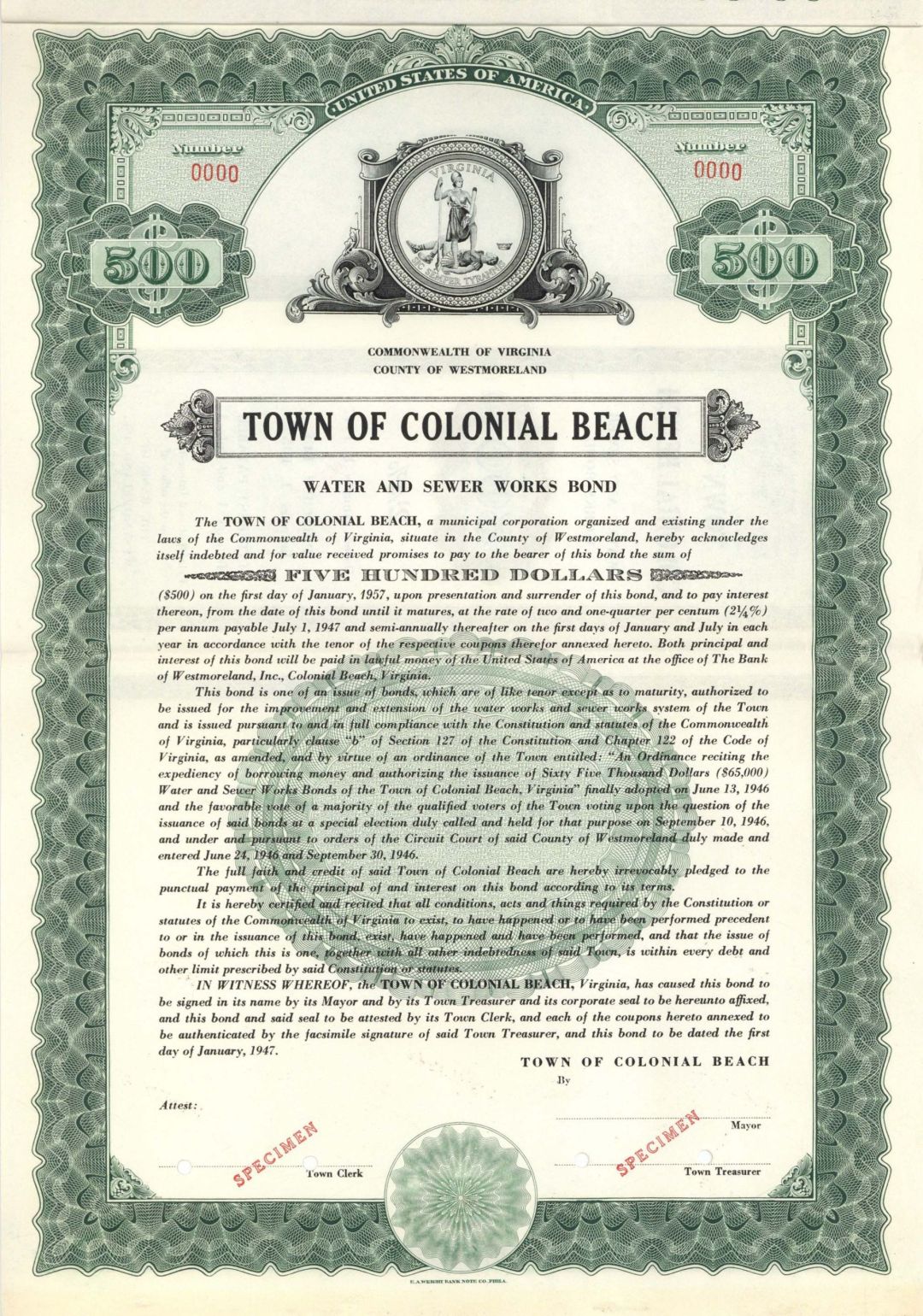 Town of Colonial Beach  - $500 Specimen Bond