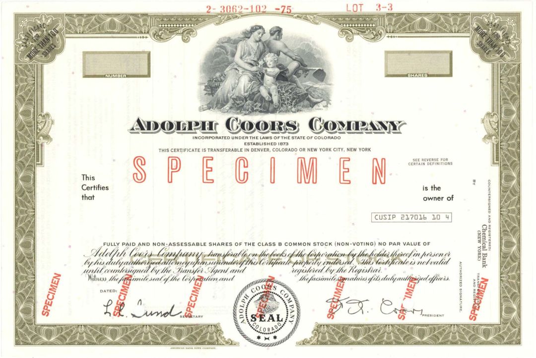 Adolph Coors Co. - Specimen Stock Certificate