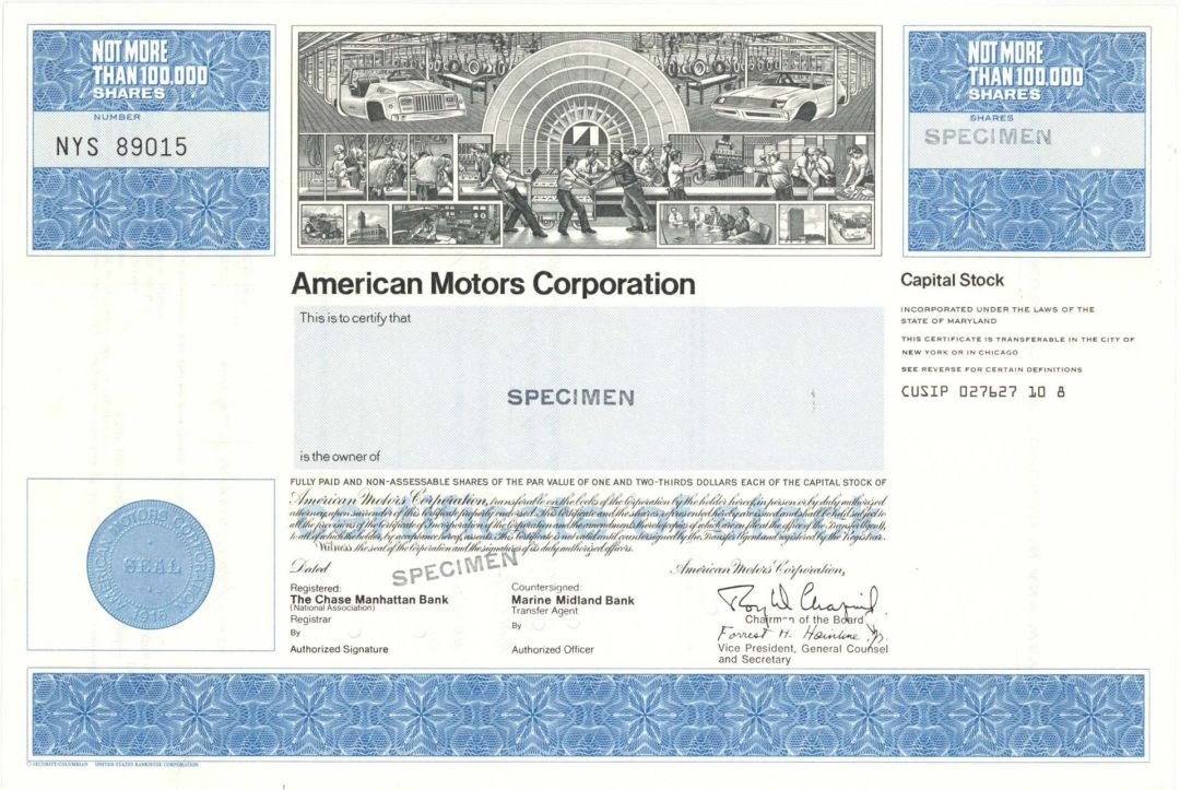 American Motors Corp. - Specimen Stock Certificate