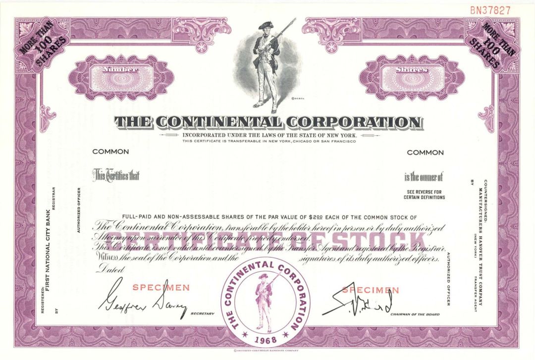 Continental Corp. - Specimen Stock Certificate