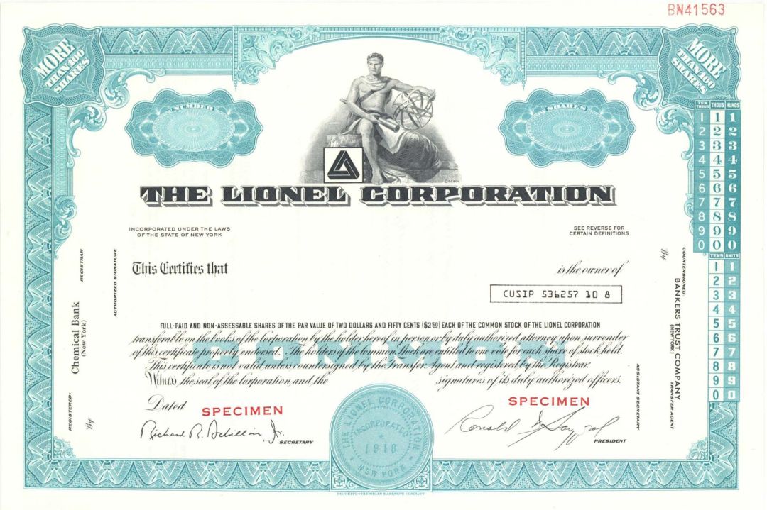 Lionel Corp. - Specimen Stock Certificate