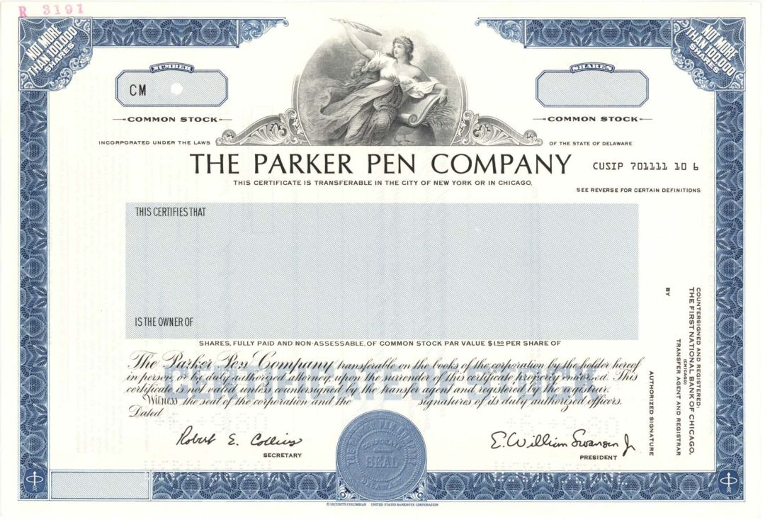 Parker Pen Co. - Specimen Stock Certificate