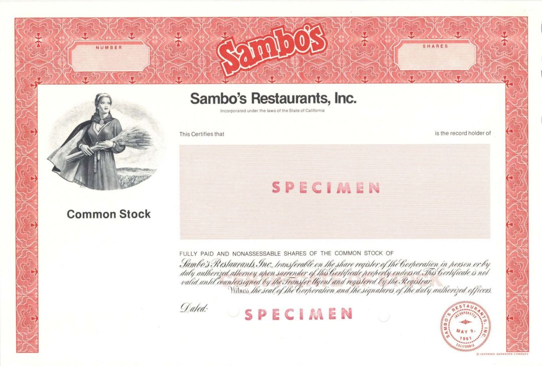 Sambo's Restaurants, Inc. - Specimen Stock Certificate