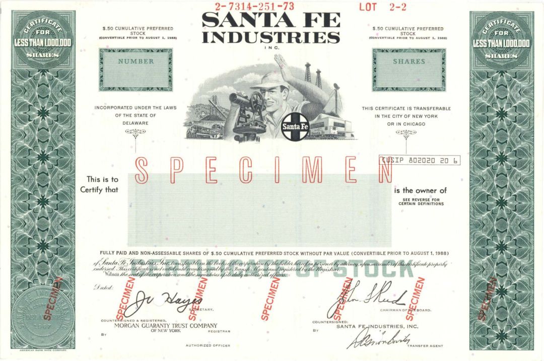 Santa Fe Industries Inc. - Specimen Stocks and Bonds