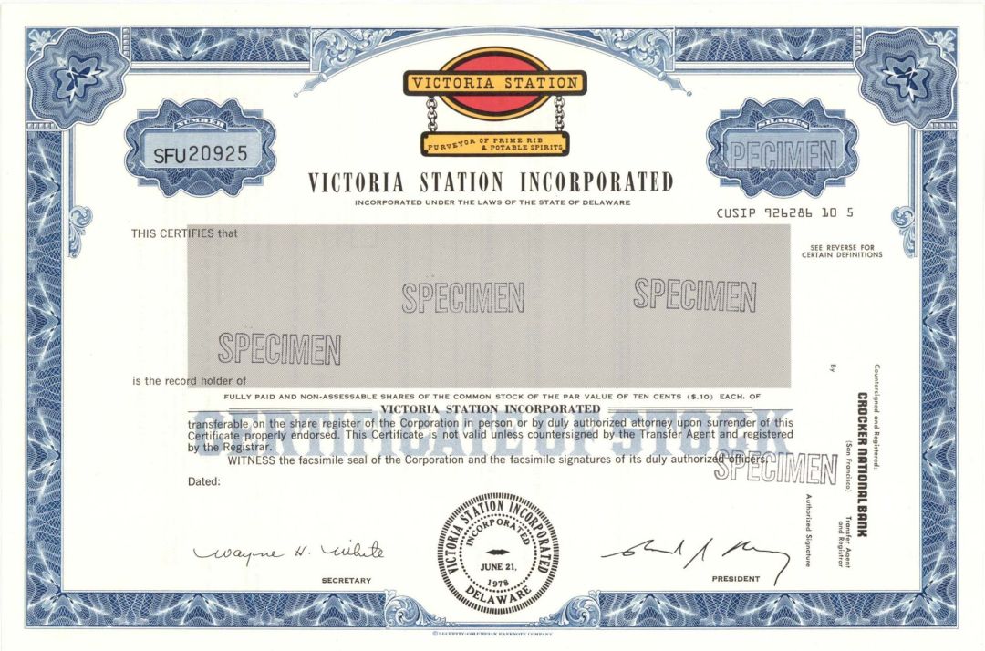 Victoria Station Inc. - Specimen Stock Certificate