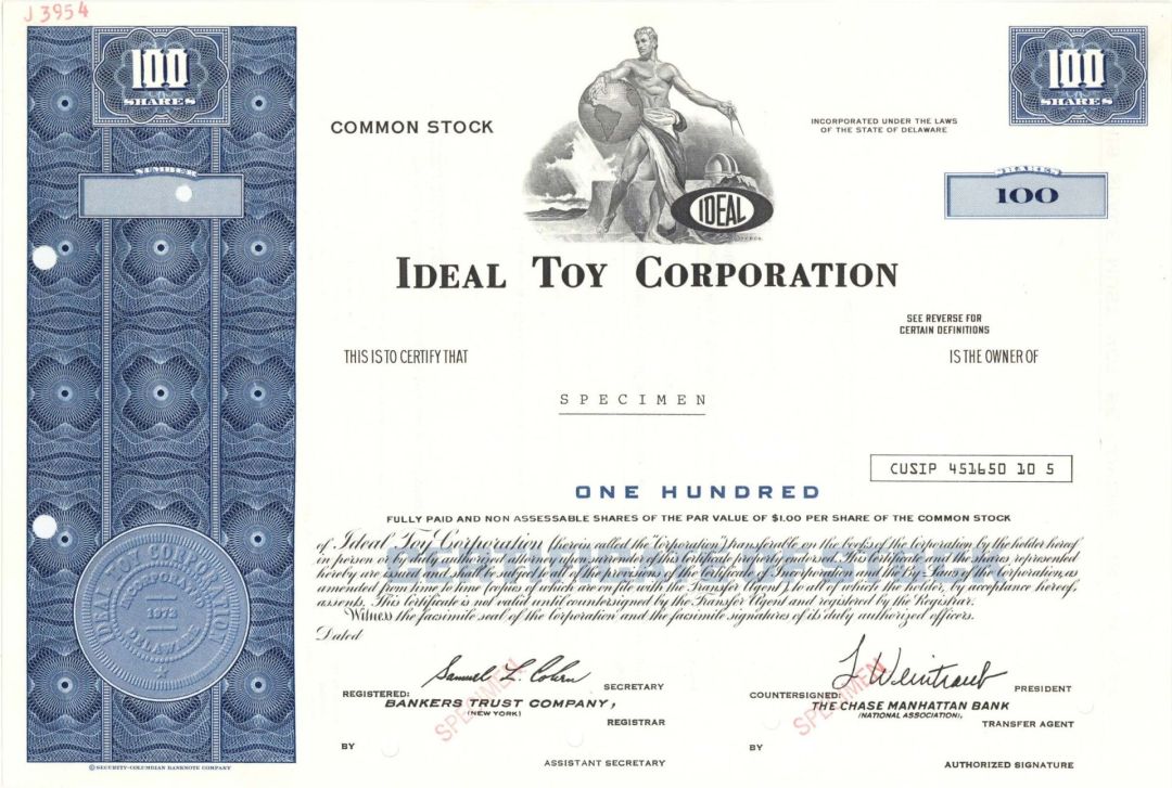 Ideal Toy Corp. -  Specimen Stock Certificate