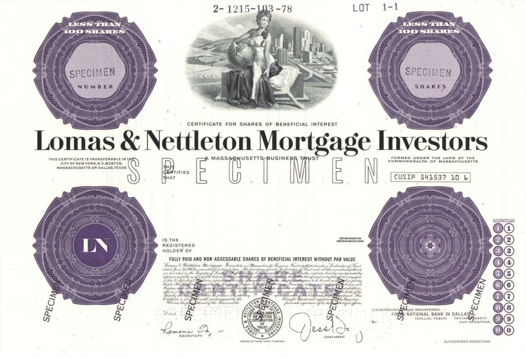 Lomas and Nettleton Mortgage Investors -  Specimen Stock Certificate