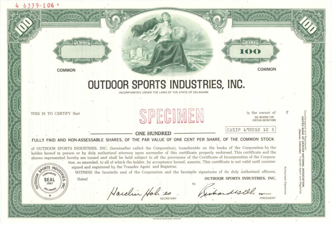 Outdoor Sports Industries, Inc. -  Specimen Stock Certificate