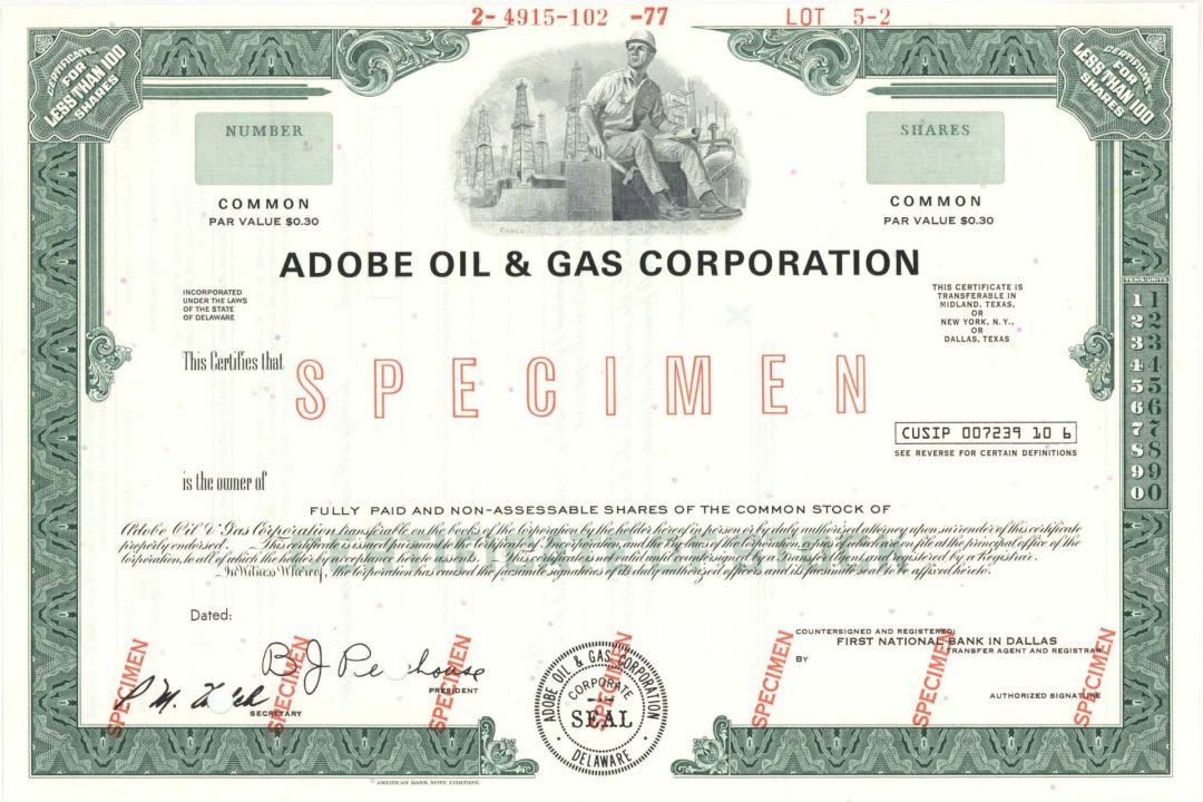 Adobe Oil and Gas Corp. - Specimen Stock Certificate