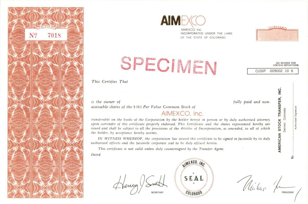 Aimexco, Inc. - Specimen Stock Certificate