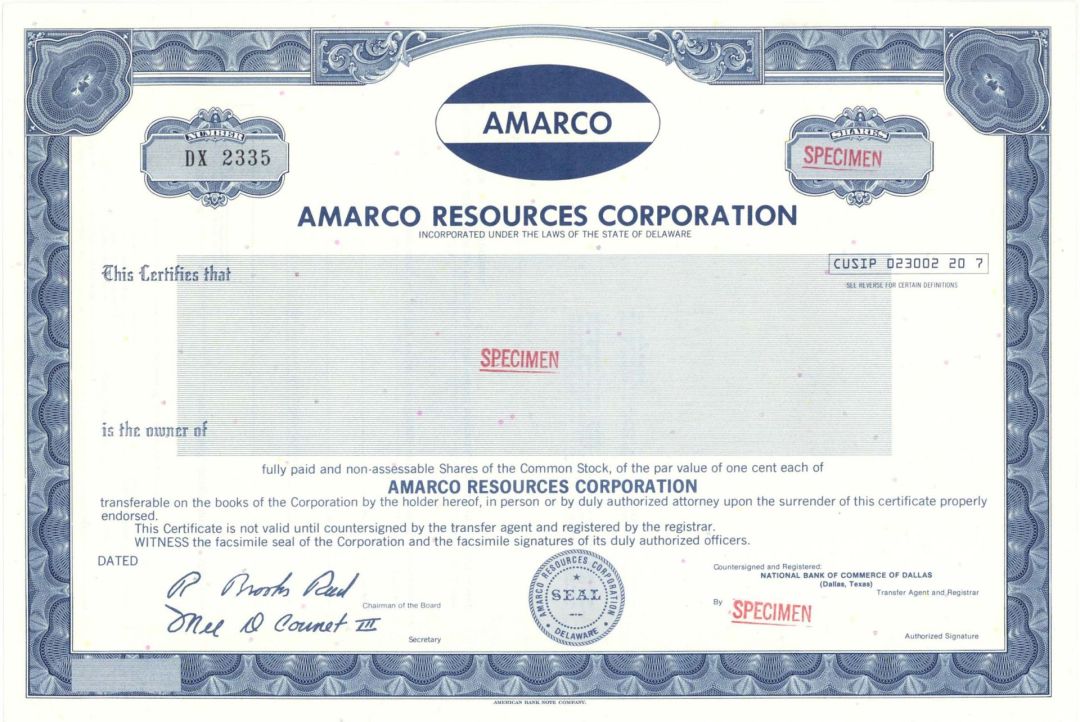 Amarco Resources Corp. - Specimen Stock Certificate