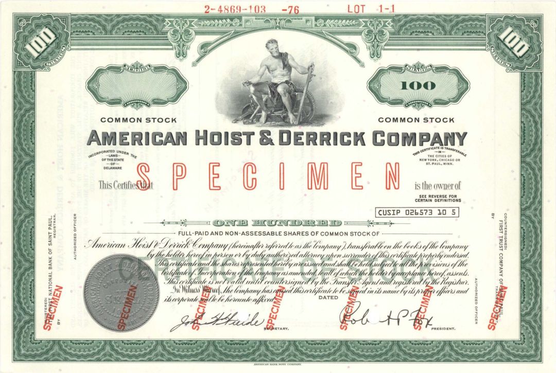 American Hoist and Derrick Co. - Specimen Stock Certificate