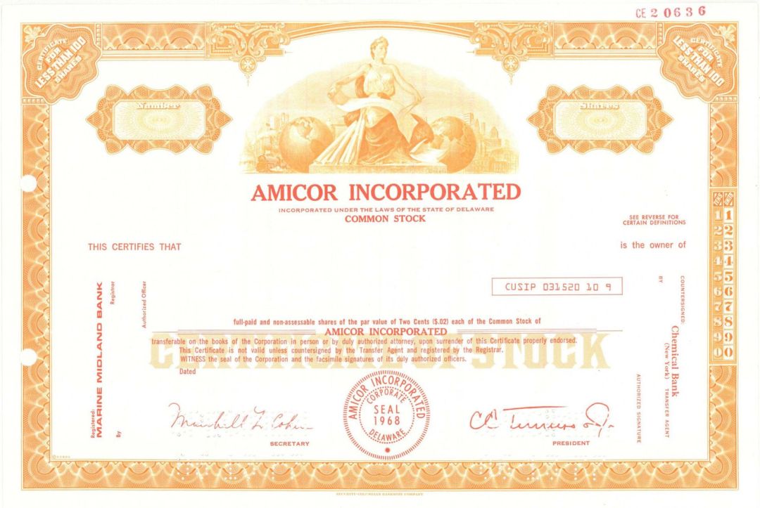 Amicor Inc. - Specimen Stock Certificate