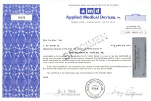 Applied Medical Devices Inc. - Specimen Stock Certificate