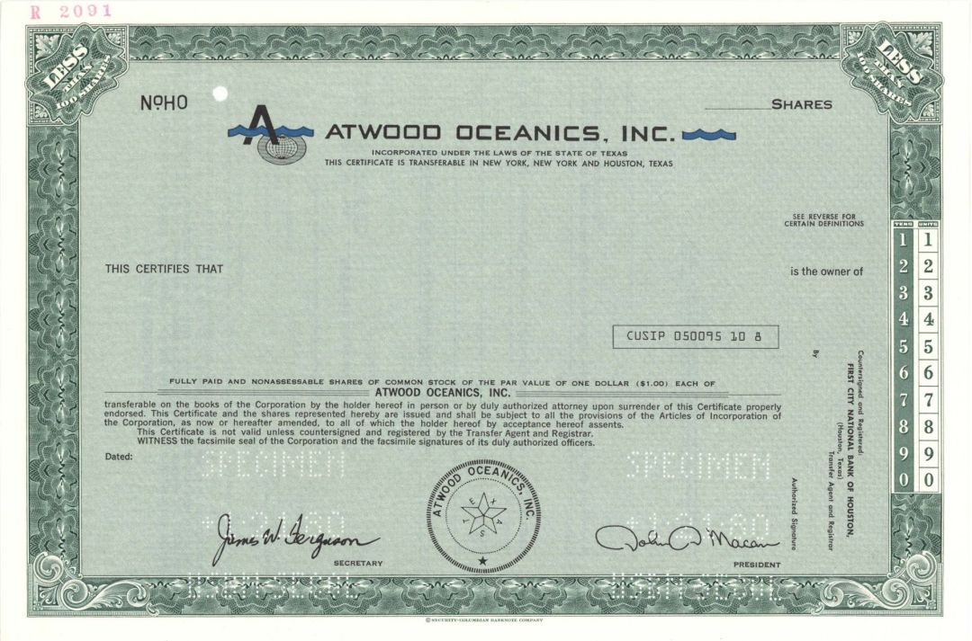 Atwood Oceanics, Inc. - Specimen Stock Certificate