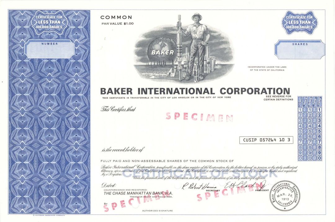 Baker International Corp. - Specimen Stock Certificate