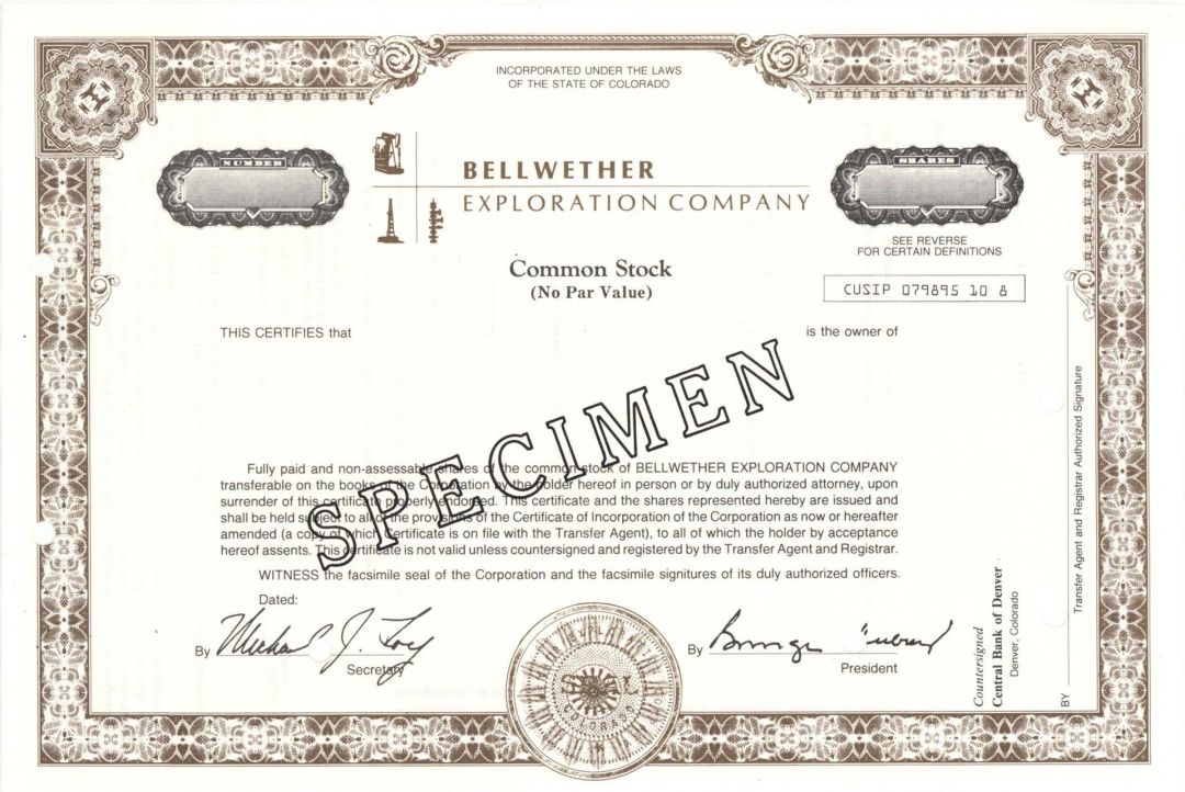 Bellwether Exploration Co. - Specimen Stock Certificate