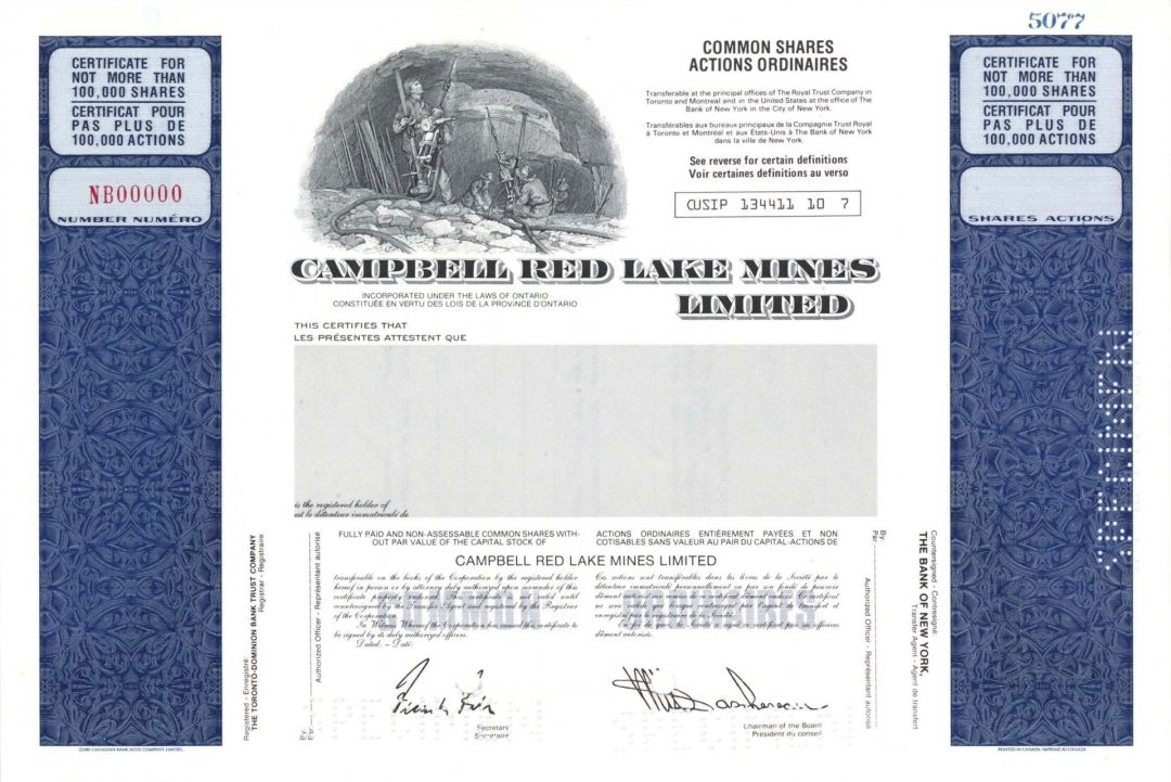 Campbell Red Lake Mines Ltd. - Specimen Stock Certificate