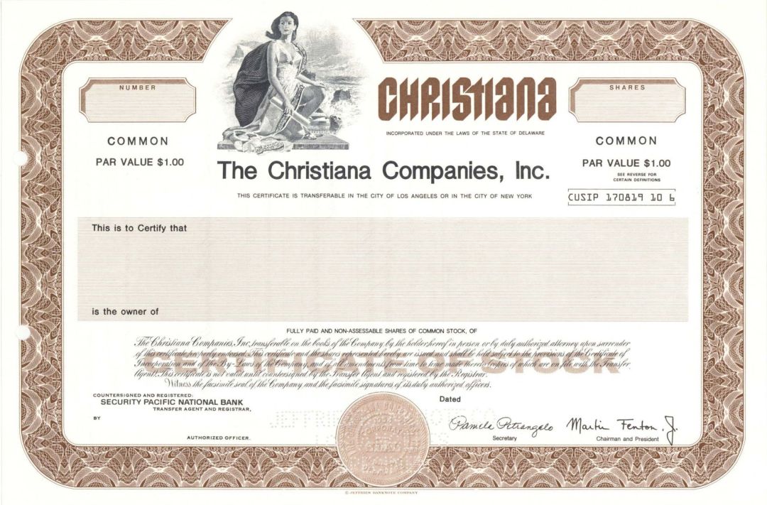 Christiana Companies, Inc. - Specimen Stock Certificate