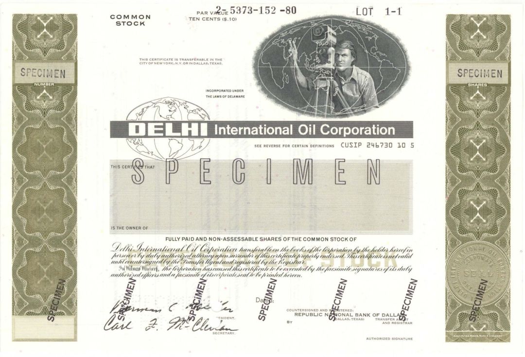 Delhi International Oil Corp. - Specimen Stock Certificate