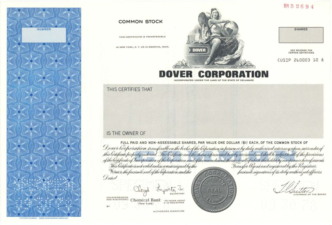 Dover Corp. - Specimen Stock Certificate