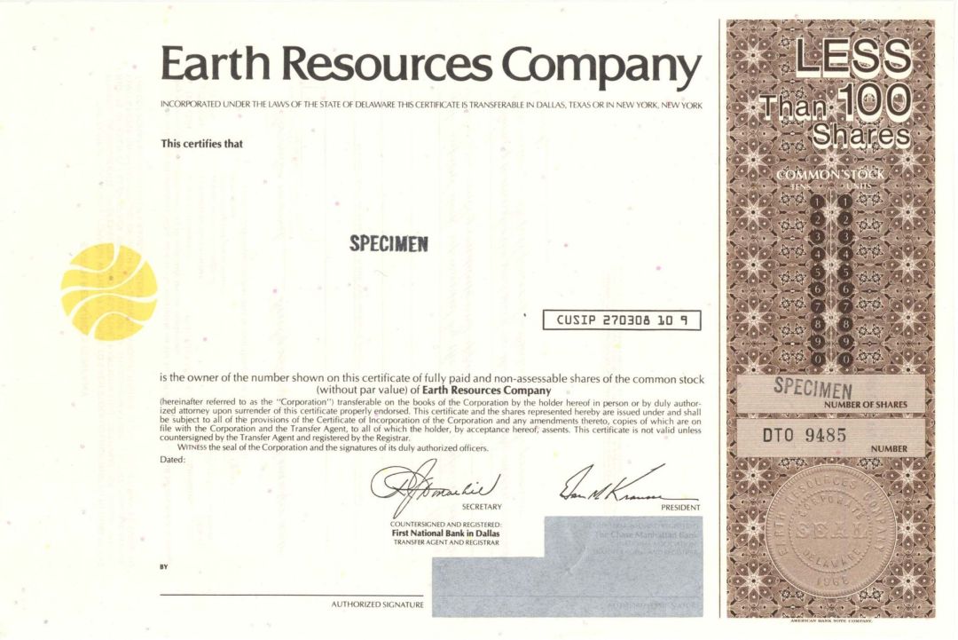 Earth Resources Co. - Specimen Stock Certificate