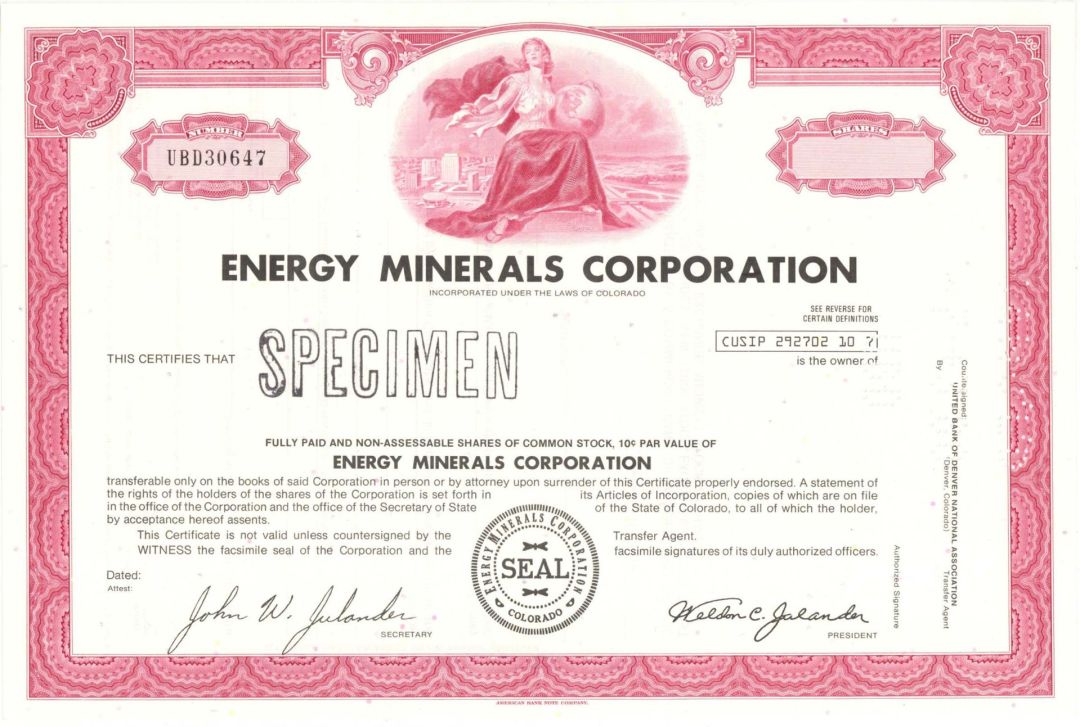 Energy Minerals Corp. - Specimen Stock Certificate