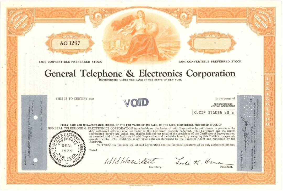 General Telephone and Electronics Corp. - Specimen Stock Certificate