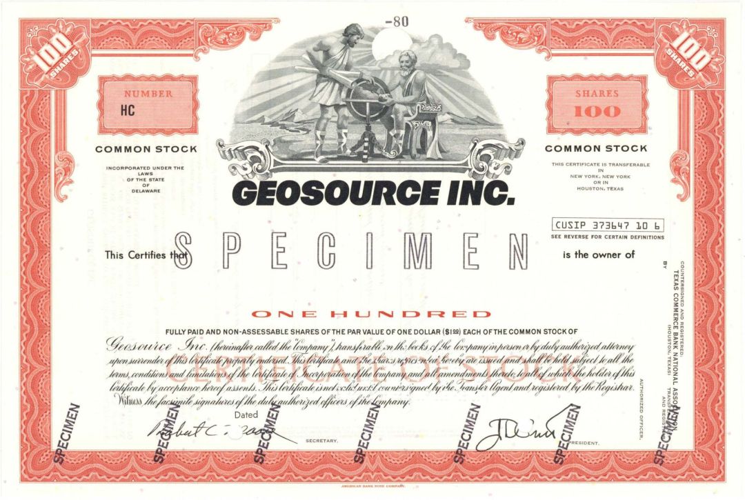 Geosource Inc. - Specimen Stock Certificate