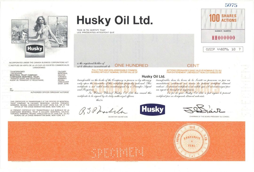 Husky Oil Ltd. - Canadian Specimen Stock Certificate