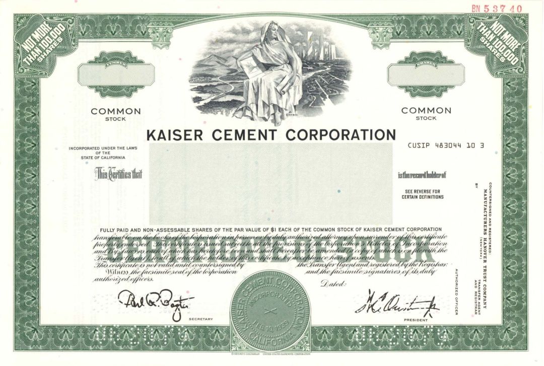 Kaiser Cement Corp. - Specimen Stock Certificate