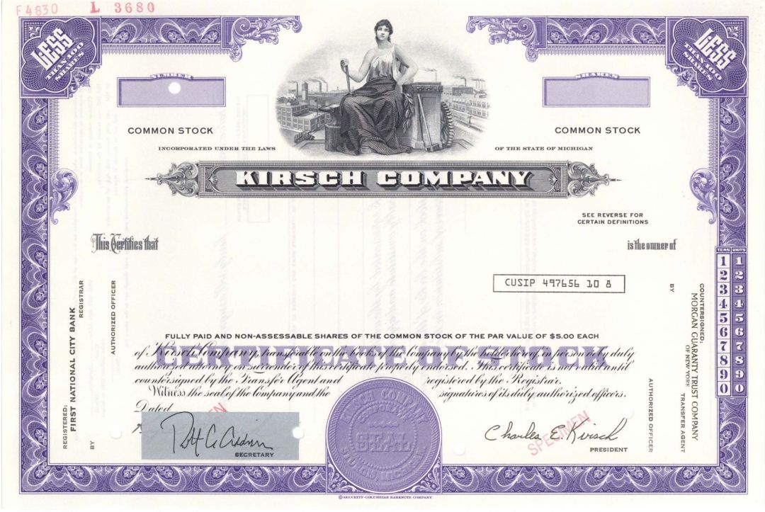 Kirsch Co. - Specimen Stock Certificate