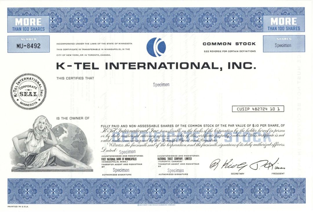 K-Tel International, Inc. - Specimen Stock Certificate