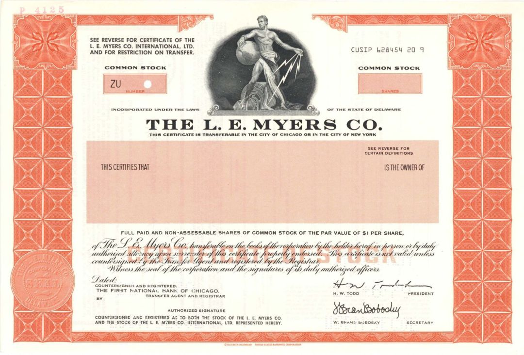 L.E. Myers Co. - Specimen Stock Certificate