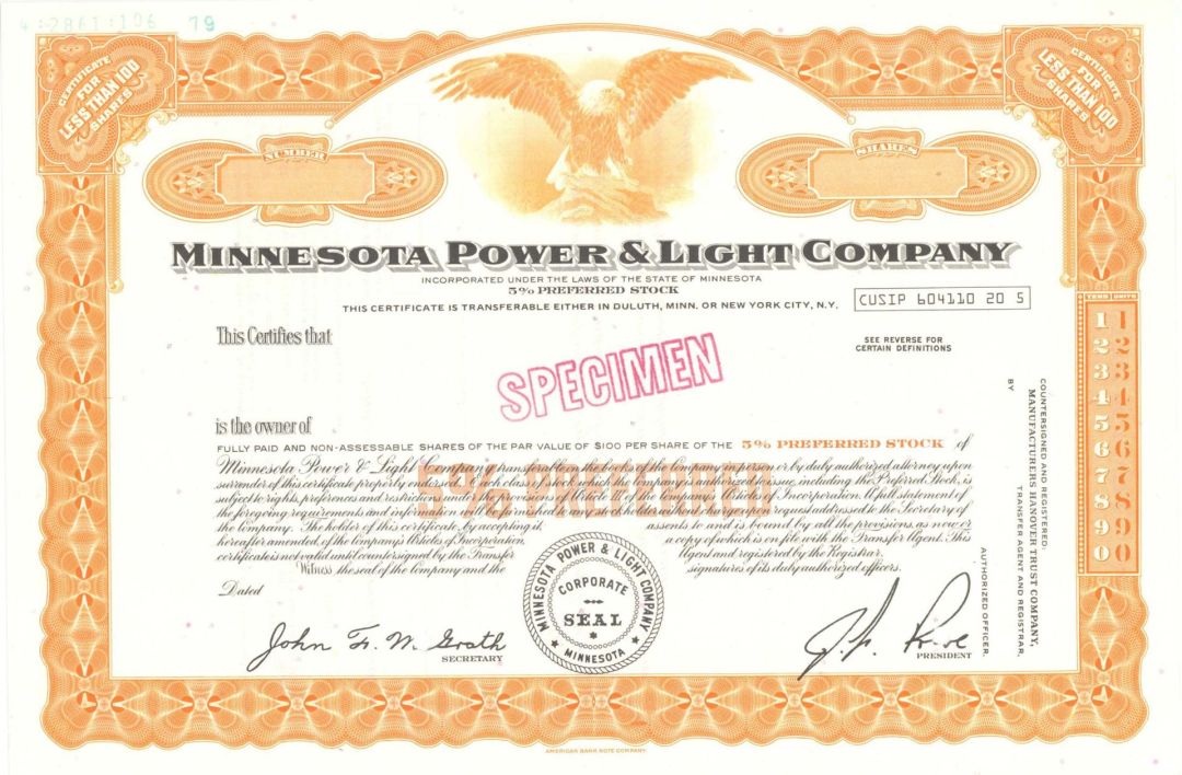 Minnesota Power and Light Co. - Specimen Stock Certificate