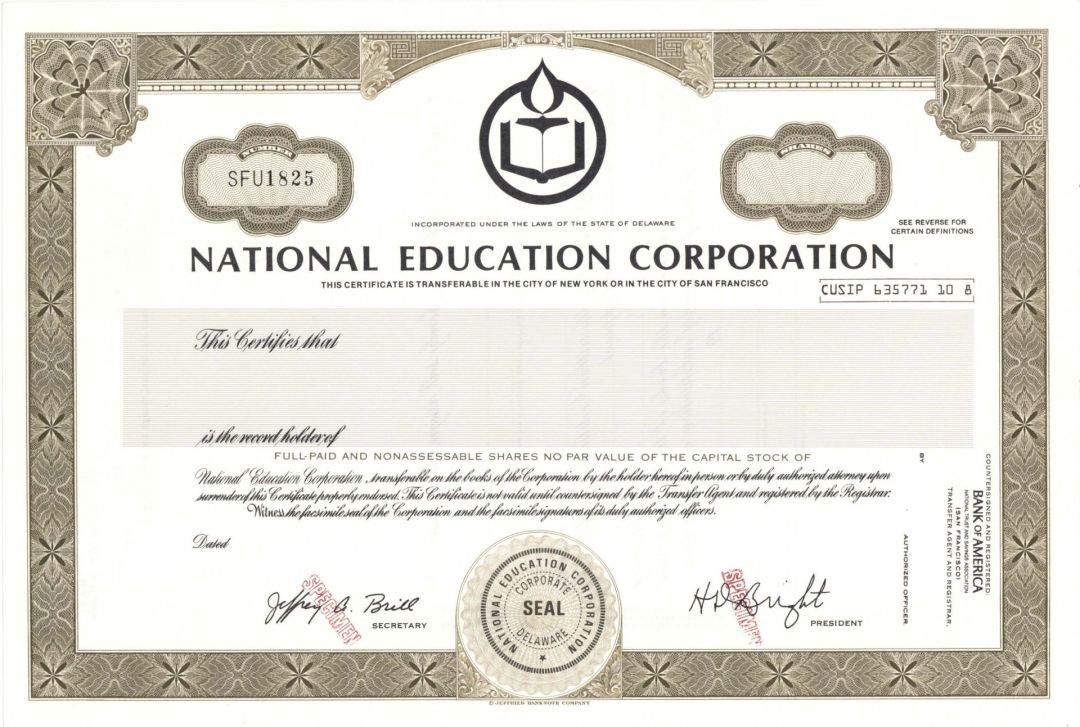 National Education Corp. - Specimen Stock Certificate