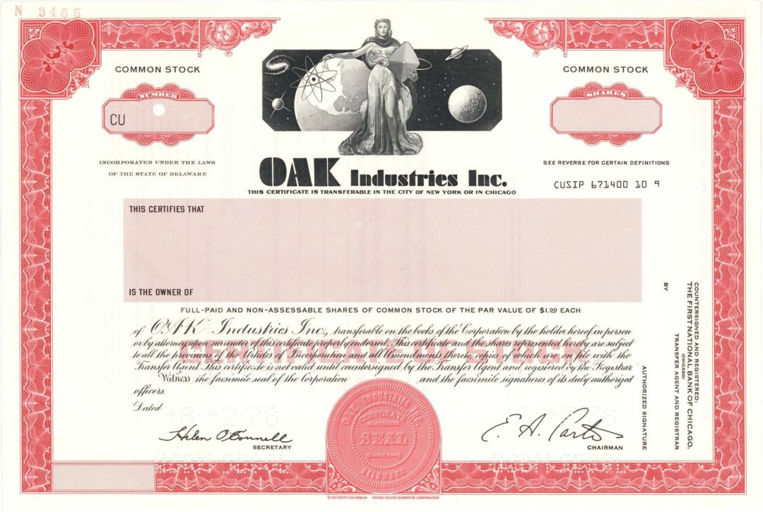 Oak Industries Inc. - Specimen Stock Certificate