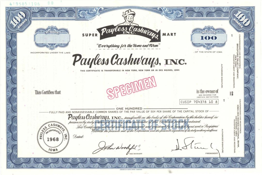 Payless Cashways, Inc. - Specimen Stock Certificate